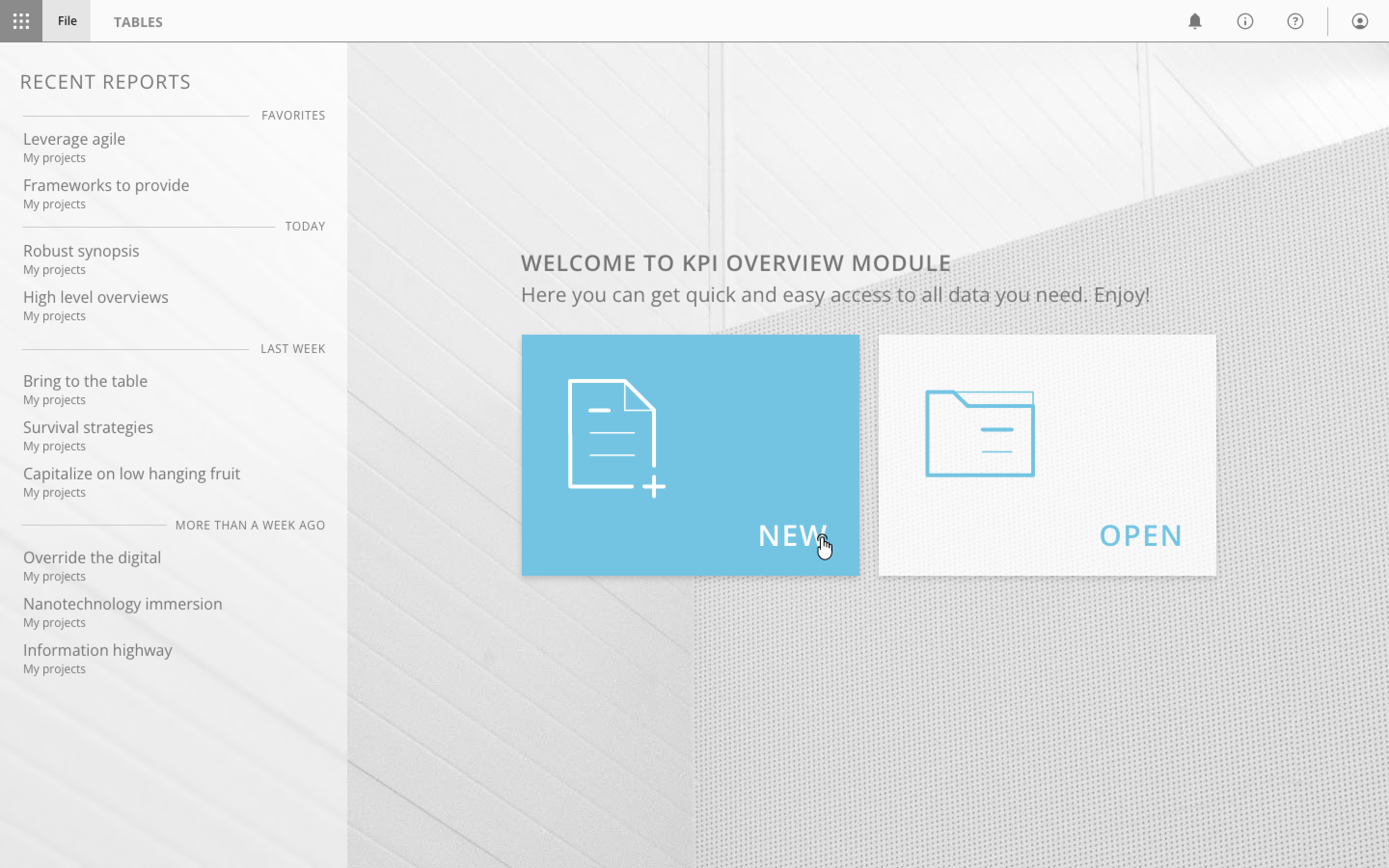 Table module start screen